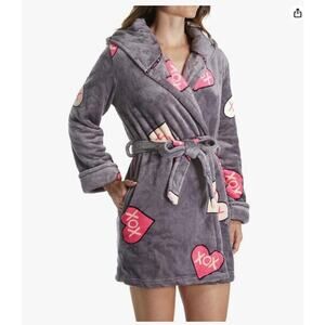 Betsey Johnson Womens Heart XO Fleece Sleep Robe Size Medium / Large Gray